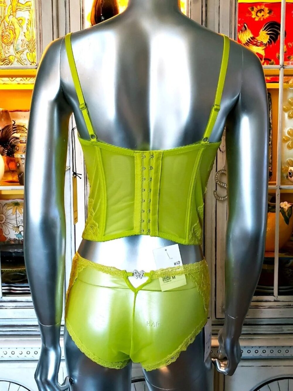 Betsey Johnson Corset Dress Top Panties Lingerie Set Green Lace Mesh Butterfly S - Picture 8 of 16